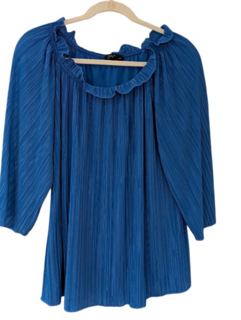 Slinky Brand Royal Blue Pleated Ruffle-Neck Blouse. Can Wear Off Shoulder.